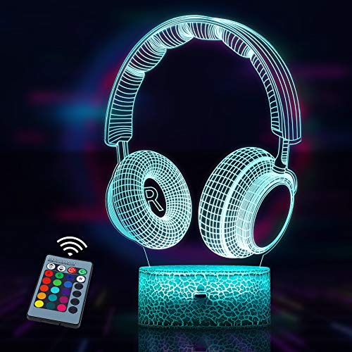 JQGO 3D Lampe Illusion Lampe LED Nachtlicht, 3D Optische Täuschungs lampe, Dimmbare 3D Nachtlicht mit 16 Farben Ändern und Fernbedienung, Geburtstags und Weihnachtsgeschenke für Kinder(Kopfhörer)