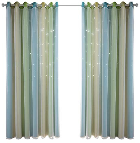 Nyescasa Doppelter Hohler Sterne Vorhänge Doppelschicht Sterne Vorhänge Für Kinder Mädchen Schlafzimmer Bunte Kinderzimmer mit Voile Kinder Gardinen Verdunkelungs Vorhänge (Grün 53 B x 106 H)