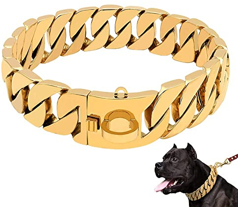 LINGYUN Goldkette Hundehalsband Hochleistungs-Choke Kubanische Hundekette für Große Hunde, 30 Mm Breite, Hundehalsband, Starke Stahlmetallglieder für Große Rassen,Gold,60CM/23.5in