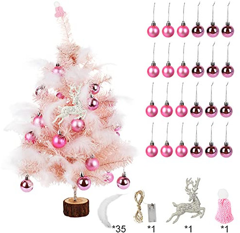 DEDEMCO Mini albero di Natale da tavolo, 45 cm, rosa carino, albero di Natale artificiale da tavolo con luci a LED e palline glitterate per decorazioni natalizie da tavolo