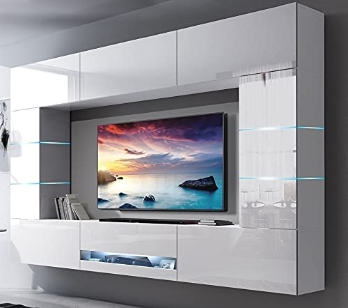 Furnitech Wohnwand Wohnzimmer | Wohnzimmer Möbel mit LED Weiß | Hängend Wohnwand Modern | Wohnzimmer Schrankwand mit Regale und TV Schrank (Future 62/HG/W/2 1B)