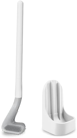 BULZEU Brosse WC en silicone de golf - Longue tige - Avec support - 360° - Pas de coins morts - Montage mural et debout - Pour salle de bain - Blanc