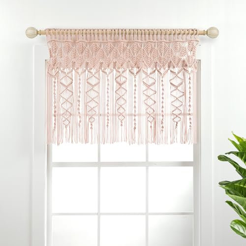 Lush Decor Cantonnière en Coton texturé macramé bohème - 101,6 cm de Large x 76,2 cm de Long - Rideaux de Cuisine et décoration Murale - Rideaux de fenêtre de Salle de Bain - Rose poudré