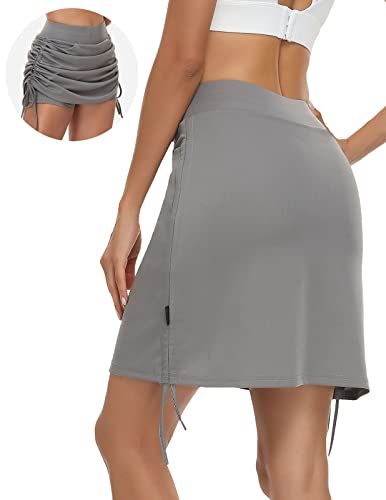 Soneven Hosenrock Damen Sport Wanderrock Damen mit Innenhose 2 in 1 Skort Damen Knielang Golfrock mit Taschen und Verstellbare Kordelzug Mini Rock Grau L