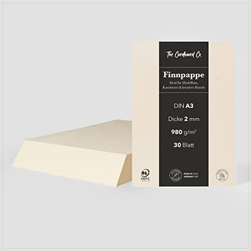 TheCardboardCo Finnpappe, 2 mm (980 g/m²), DIN A3 (297 x 420 mm), 30 Blatt, Holzpappe für Modellbau, Kaschieren & kreatives Basteln, naturweiss, -