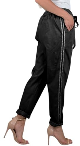 Mississhop Damen Hose Freizeithose Baumwollhose mit Seitlichen Glitzerstreifen