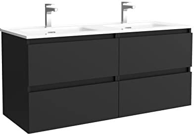 Salgar Mueble de baño Bequia 120 cm 100% montado de fábrica | Acabado Negro Mate suspendido 4 cajones Cierre amortiguado Apertura con uñero | Lavabo 2 pozas Porcelana Blanca | Marca