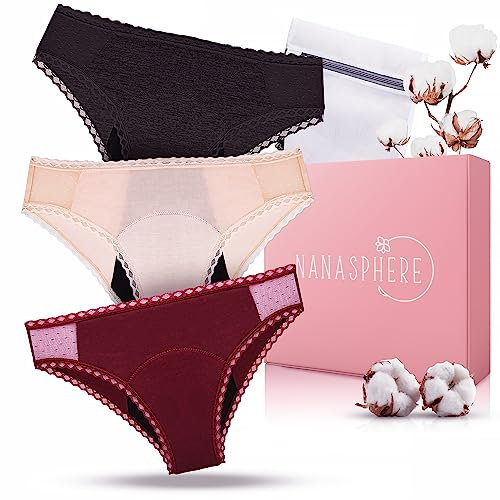 Set di 3 Mutandine Menstruali Ultra Assorbenti in Cotone Bio + Sacchetto per Lavaggio | Flusso Abbondante Intimo Lavabile Riutilizzabile Perdite Post Parto Adolescente