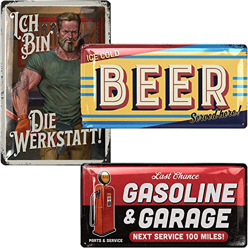 LANOLU Blechschilder retro im 3er Set, Werkstatt Schilder, Vatertagsgeschenk für Papas, Geschenke für Papas und KFZ Mechaniker, vintage Metallschilder im Set