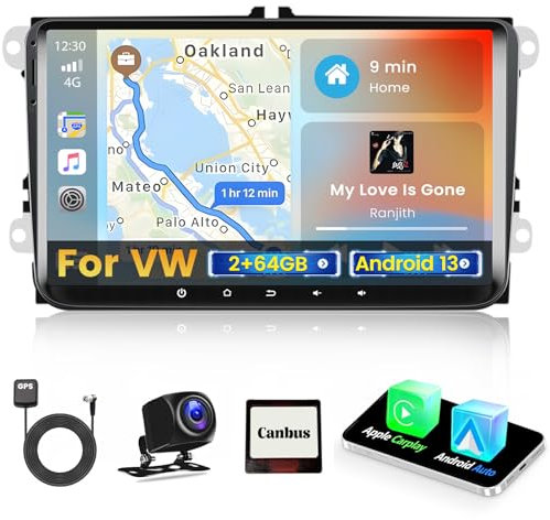 Hikity 2+64GB Android Autoradio per VW Golf 5 6 Polo Passat Tiguan Seat, Wireless CarPlay Android Auto Radio con Schermo da 9 Pollici Touchscreen Stereo Auto Bluetooth GPS WiFi FM HiFi Retrocamera