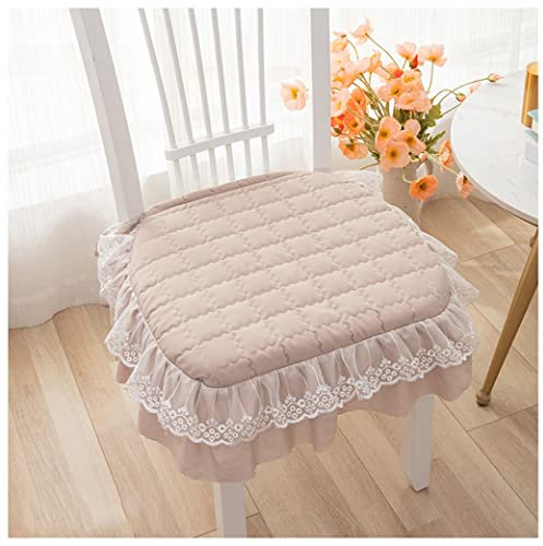 ETULLE Massives Stuhlkissen mit Rüschen und Bändern, bequemes, Dickes Küchen-Esszimmerstuhl-Pad, Sitzkissen mit abnehmbarem Baumwollbezug (Color : Khaki-A, Size : 42 * 45cm*4 Packs)