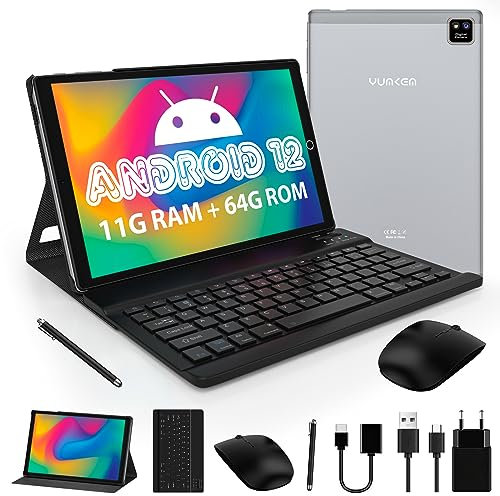 YUMKEM Tablet Android 12 con Tastiera Mouse Custodia Stilo Fascio, 10,1 Tablets PC in Metallo, IPS 1280 HD, Octa-core, 11GB+64GB+1TB Expand, 8MP+5MP, 6000mAh, WiFi/GPS/BT/Stereo, Type-C/Aux, Grigio