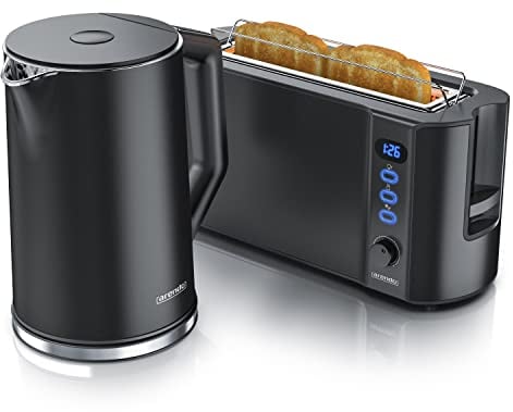 Arendo - Wasserkocher mit Toaster SET Edelstahl Schwarz, Wasserkocher 1,5L 40°-100°C Warmhaltefunktion Toaster 2 Scheiben LED-Display 6 Bräunungsgrade Brötchaufsatz