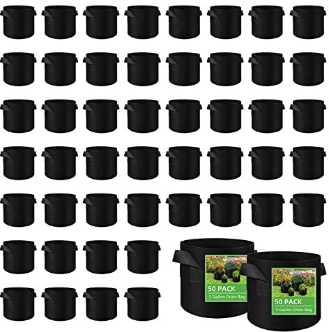 50 Pack Vegetable Grow Bags, Gardening Plant Growing Bags Breathable Non-woven Fabric Plant Pots with Handles Indoor & Outdoor Grow Containers for Vegetable/Flower/Plant/Fruits, 5 Gallon(Black)