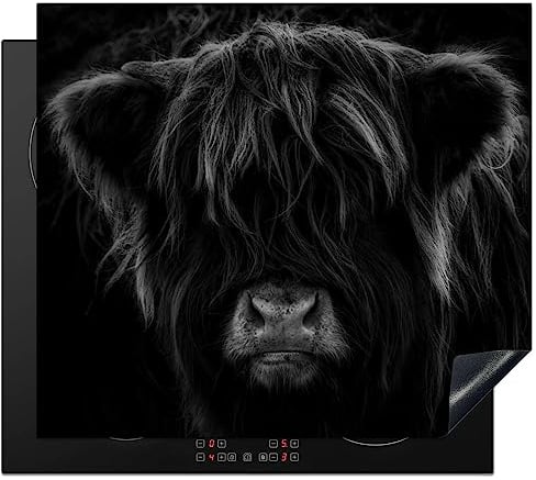 KitchenYeah© Induction Hob Protector Mat 20.5x23.6 / 60x52 cm Stove Cap Top Cover Kitchen Cooker Covers for Electric Hobs Vinyl Scottish Highlander - Cow - Black - White - Animals