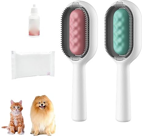 EBbels Pet Hair Removal Comb with Water Tank, 2 Pack Pet Hair Cleaning Brush with Wet Wipes and Serums, 4 In 1 Pet Cleaning Hair Removal Comb for Short Long Dog Cats (Pink&Blue)