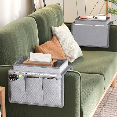 Hosoncovy Sofa Armlehne Tray Organizer Couch Arm Aufbewahrungstasche Sofa Arm Couch Caddy Couch Cup Halter Tablett Getränkehalter Anti-Spill Armlehne Fernbedienung und Handy Organizer Halter (Grau)