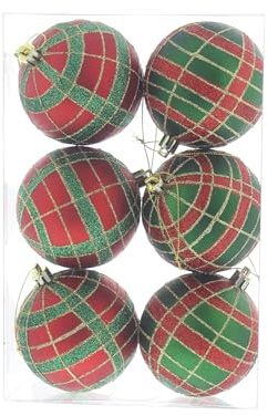 Festive Productions Weihnachtskugeln, rot und grün, Schottenkaro, bruchsicher, 8 cm, 6 Stück
