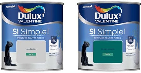 Dulux Valentine Peinture Si Simple Peinture Intérieure Toutes Pièces Satin - Peinture Murs et Plafonds, Portes et Plinthes - Lot de 2 - Couleurs : Le Gris Clair & Le Vert Canard 0,5 L