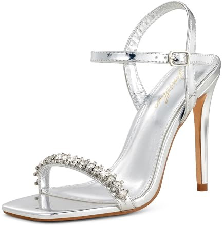 GENSHUO Sandali da donna con punta aperta quadrata e cinturino con tacco a spillo Sandali sexy per feste da matrimonio, Argento con diamanti, 38 EU