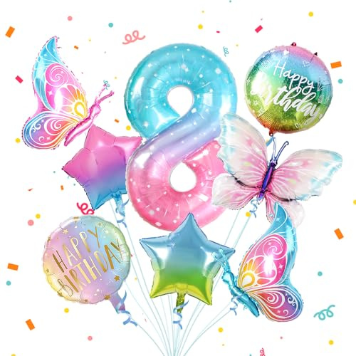 8 Schmetterling Geburtstag Deko Mädchen,8pcs Bunt Schmetterlinge Folienballon 8，Zahlen Luftballon 8 Jahre Geburtstagsdeko für 8. Geburtstag Mädchen Deko