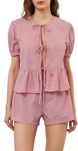 Geagodelia Damen Zweiteiler Sommer Elegant Hosenanzug Outfit 2 Teiler Lounge Set Tie Front Bluse Top + Shorts Y2k Aesthetic Clothes Loungewear Kleidung Anzug (B - Rot Karierte, S)