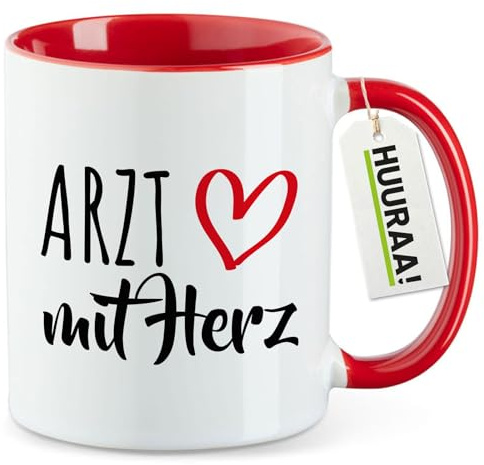 Huuraa Kaffeetasse Arzt mit Herz Geschenk | Motivtasse 330ml Rot Keramik Tasse mit Spruch Kaffeebecher Geschenkidee Becher mit Motiv