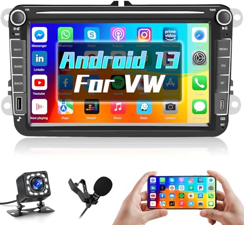 [1G+32G] Hikity Radio Coche para VW Golf Polo Seat Passat Skoda Touran Tiguan Android 13 GPS Pantalla Radio 2 DIN con 8 in IPS GPS WiFi Bluetooth Mirror Link FM 2USB Mic Cámara de Marcha Atrás