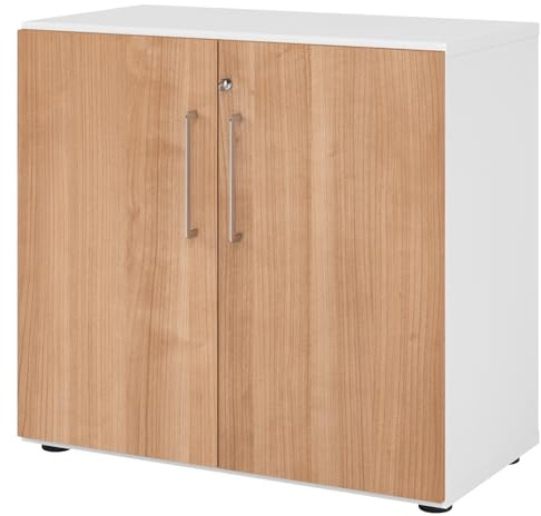 bümö Aktenschrank abschließbar, Büroschrank Holz 80cm breit in Weiß/Nussbaum - abschließbarer Schrank mit Aktenregal für's Büro & Arbeitszimmer, Büro Möbel Ordnerschrank mit Schloss