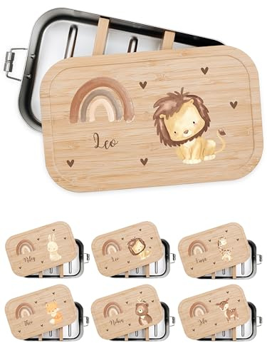 Bärenfreunde Brotdose Edelstahl Kinder personalisiert, Vesperdose Holz | Süße Kindergarten Lunchbox mit Bambusdeckel oder Namen für Kleinkinder, mit Fächern graviert als Geschenk, Dino, Traktor