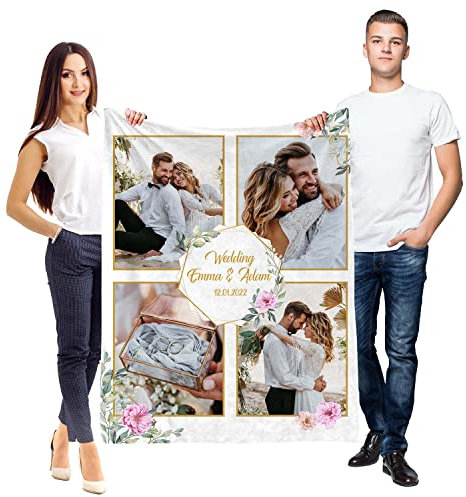 Ferocity Personalisierte Foto Decke mit 4 Fotos 150x200 cm Sofadecke; Super Weiche Extra Gemütliche Kuscheldecke für Freund Freundin Frau Mann Partner Hohzeitstag Geschenk; Wedding [081]