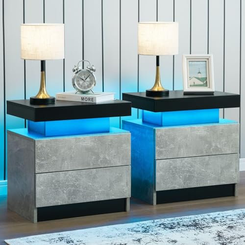 Cubehom Nachttisch 2er Set Schwarz Grau mit LED und 2 Schubladen, Moderne Nachtschränke Beistelltische für Schlafzimmer & Wohnzimmer, Hochglanz, 49×35×52 cm