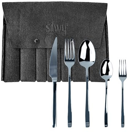 silwy® Reisebesteck-Set aus Edelstahl (6-teilig bestehend aus Messer, Gabel, Löffel, Teelöffel, Kuchengabel, Etui) - kompaktes System - perfekt für Camping, Caravaning und Boating. Für eine Person.