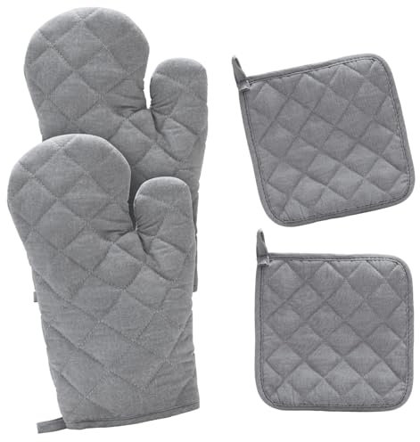 Ofenhandschuhe Topflappen Set Baumwolle rutschfeste: 1 Paar Ofenhandschuhe & 2 Topflappen 230°C Hitzebeständige Anti-Rutsch Topfhandschuhe Kochhandschuhe Backhandschuhe für Kochen Backen Grillen Gray