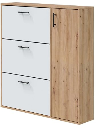 Bricohabitat Zapatero Recibidor Mueble Auxiliar Estrecho 4 Puertas para Entrada Roble Nodi y Blanco Artik 105x112x24 cm