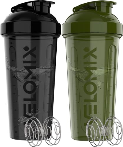 VELOMIX - Lot de 2 bouteilles shaker protéinées de 800 ml pour mélanges protéinés – 2 fouets métalliques | Gobelets anti-fuites pour milkshakes protéinés | Lot de shaker protéinés | Shakers pour