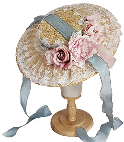 ROYJJ Sombrero de paja de flores para mujer con encaje de volantes para gorro, tocado vintage