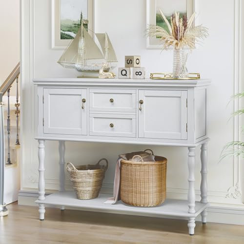 HOLTICO Console Table with Drawers and Storage Cabinets, White Entryway Table Wooden Narrow Console & Sofa Tables for Hallway, Living Room, Bedroom
