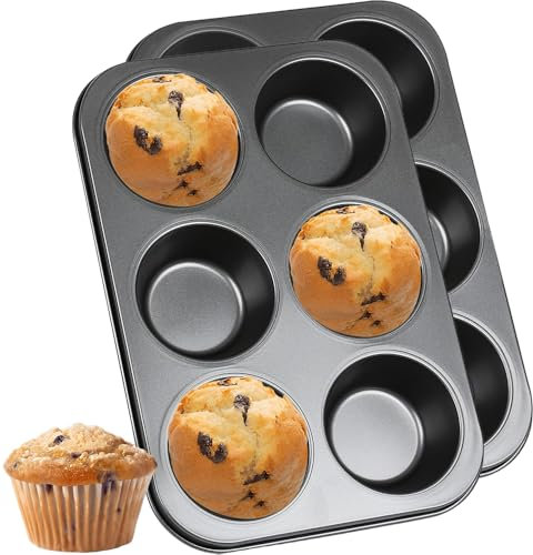 katmerio 2 Stück Muffinform 6er Antihaft Backblech, Kohlenstoffstahl Muffin Back blech, Spülmaschinengeeignet, Antihaftbeschichtet Backblech Backform für Cupcakes, Brownies, Kuchen, 26 x18 x 3cm