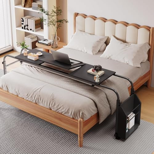 WUDLEP Overbed Table with Wheels, Mobile Bed Desk, Rolling Computer Desk, Laptop Cart, W/0-65°Tilt Stand, Side Storage Basket, for Home,Office and Hospital (Black)