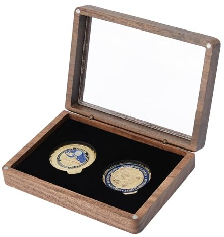 SUPERFINDINGS 1 Set Vitrine Für Challenge Münzen Präsentationsbox Für Challenge Münzen Aus Holz Mit 2 Fächern Schwarze Rechteckige Münzverpackungsboxen Für Sammlersoldaten,Münzdurchmesser: 4.5 cm