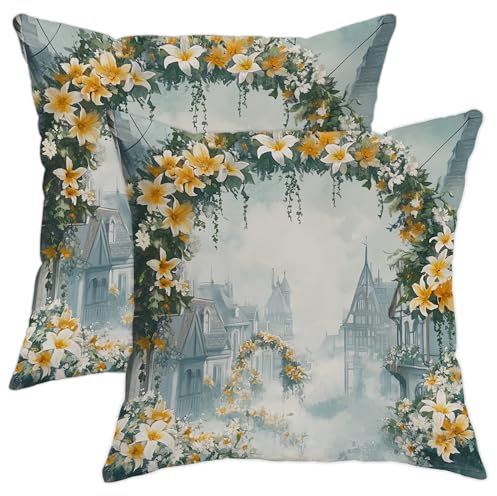 Kissenbezüge mit Blumenmuster, gelb-weiße Lilien, dekorativ, quadratisch, Landhaus, Heimdekoration, für Sofa, Bett, Couch, 45,7 x 45,7 cm, 2 Stück