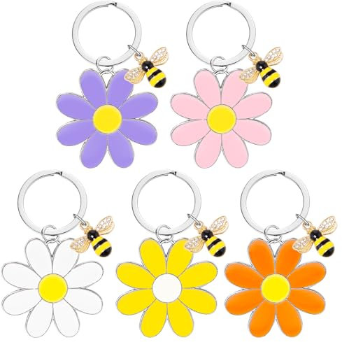 Sixfolo 5 Pièces Porte-Clés Fleur Abeille Cadeau de Porte Clés pour Femmes Filles Porte-Clés Marguerite Mignons Keychain Floral en Métal pour Sacs à Main,Cadeaux de Fête(5 Couleur)