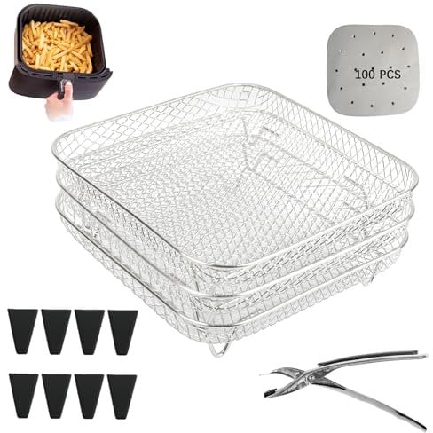 3-Layer Square Air Fryer Rack Set Including 8 Heighten Feet 100pcs Parchment Paper and Clip,Air Fryer Accessories,Compatible with Ninja Speedi 5.7L COSORI 5.5L Instant Vortex 5.7L Tefal 6.5L
