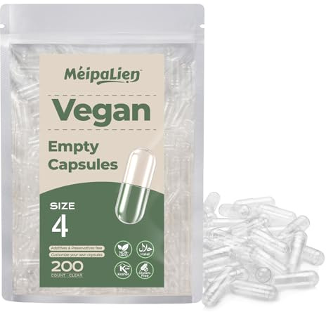 Gélules vides taille 4 – 200 unités gélules végétales petites – transparent, sans allergènes, Halal, Non OGM, compatibles avec la machine de remplissage de capsules 4