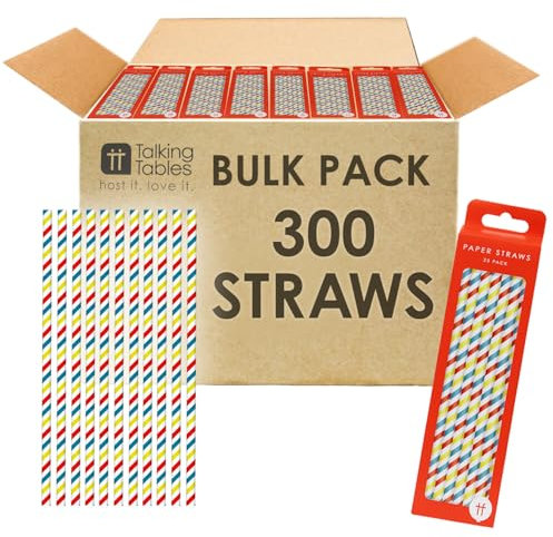 Talking Tables 300 x Bulk Stripy Cocktail Disposable Striped Paper Drinking Straws for Birthday, Wedding, Party, Catering, Bar, Yellow, White, Green, Pink, Blue