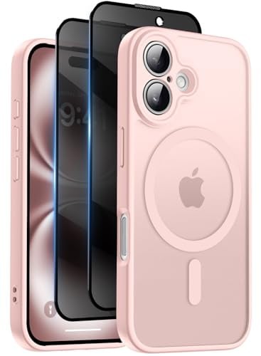HeIssitot for iPhone 16 Case, Privacy Screen Protectors X2, Pink | Compatible with MagSafe, Camera Protection, 15FT Military Drop Protection, Translucent Matte Shockproof Phone Cover
