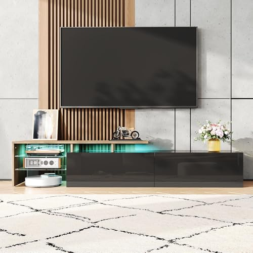 FammyLoft Armario de TV de alto brillo de 170 cm con 2 cajones, con estantes de cristal, armario de TV con iluminación LED para sala de estar, soporte de TV, color negro y madera