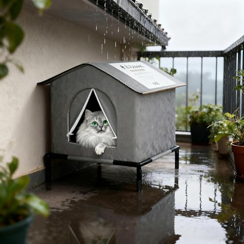 Niche pour Chat Exterieur Hiver Automne | Cabane Surélevée 7cm avec Toit Incliné et Fond Imperméable | Abri Isolé Anti-Humidité pour Chats Errants | Idéal Catio ou Jardin (A, 33 * 33 * 33cm)