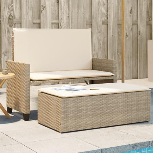 Zeehear Gartenbank mit Kissen und Hocker, Beige Poly Rattan, 2-Sitzer Schlafsofa für Garten Terrasse Balkon, UV-beständig, 110 kg Tragkraft